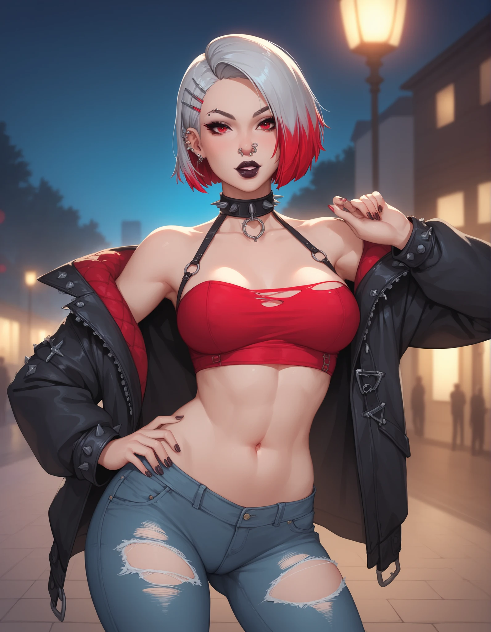 a young woman. Short hair up to her shoulders, cut in medium bob cut, and black with red highlights, red eyes, pele clara. She wears dark lipstick, silver clips on the side of the hair, has several piercings on her ears, piercings also in the mouth, on the eyebrow, On the nose and navel. She wears a tight and short simple red blouse, a black overcoat, jeans torn at the front also, long boots with some silver thorns. she has a thin body, with short breasts and a bulky and big butt. She is in a park at night, with one hand at the waist.