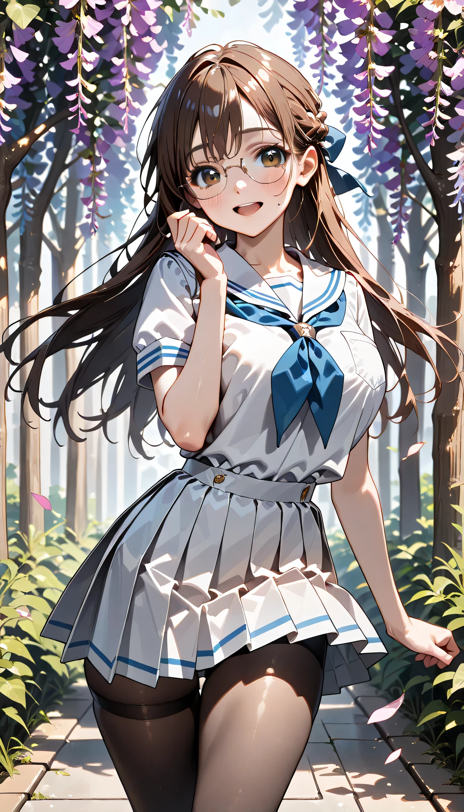 ((ultra-detailed)), (highly detailed CG illustration), (best quality:1.2), ultra-highly detailed, colorful composition, artistic photoshoot, 1girl, solo focus, ((cowboy shot:1.4)), moe anime character, girl, dainty facial structure, (baby face), (round face), ((rounded chin:1.2)), blue eyes, ((wearing glasses:1.4)), ((round eyewear:1.4)), ((black hair color)), ((long hair)), ((half updo)), ((hair ribbon with red)), ((fluttering hair)), ample breasts, school uniform, sailor suit, traditional Japanese style with navy blue and white colors, navy blue pleated skirt, black tights, ((happy:1.5)), ((joyful:1.5)), ((laughing:1.4)), ((blush:1.4)), ((Sweat:1.4)), ((spoken !?:1.4)), ((looking viewer)), ((Walking along the the wisteria flowers:1.3)), ((wisteria flowers petals dancing)), beautiful detailed sky, from front, ((dynamic pose)), ((contrapposto pose)), best quality, masterpiece, expecting, pink cheek, blush, light pink gloss slip, portrait, depth of field, soft lighting, sidelighting, (shine), lighting, caustics, ray tracing, smile, perfect face, lustrous skin, highly detailed face, highly detailed eyes, perfect face, perfect nose, perfect hair, perfect eyes, perfect anatomy, beautiful hair, beautiful small face, extremely detailed face, beautiful detailed eyes, beautiful clavicle, beautiful body, beautiful huge breasts, leavage, breasts squeezed together, equalize the size of the left and right breasts, beautiful fingers, 4 fingers, 1 thumb, lovely, (very detailed background:1.0), (highly detailed background:1.0), spring aesthetic, intricate details, joyful atmosphere, spring colors palette, chromatic aberration