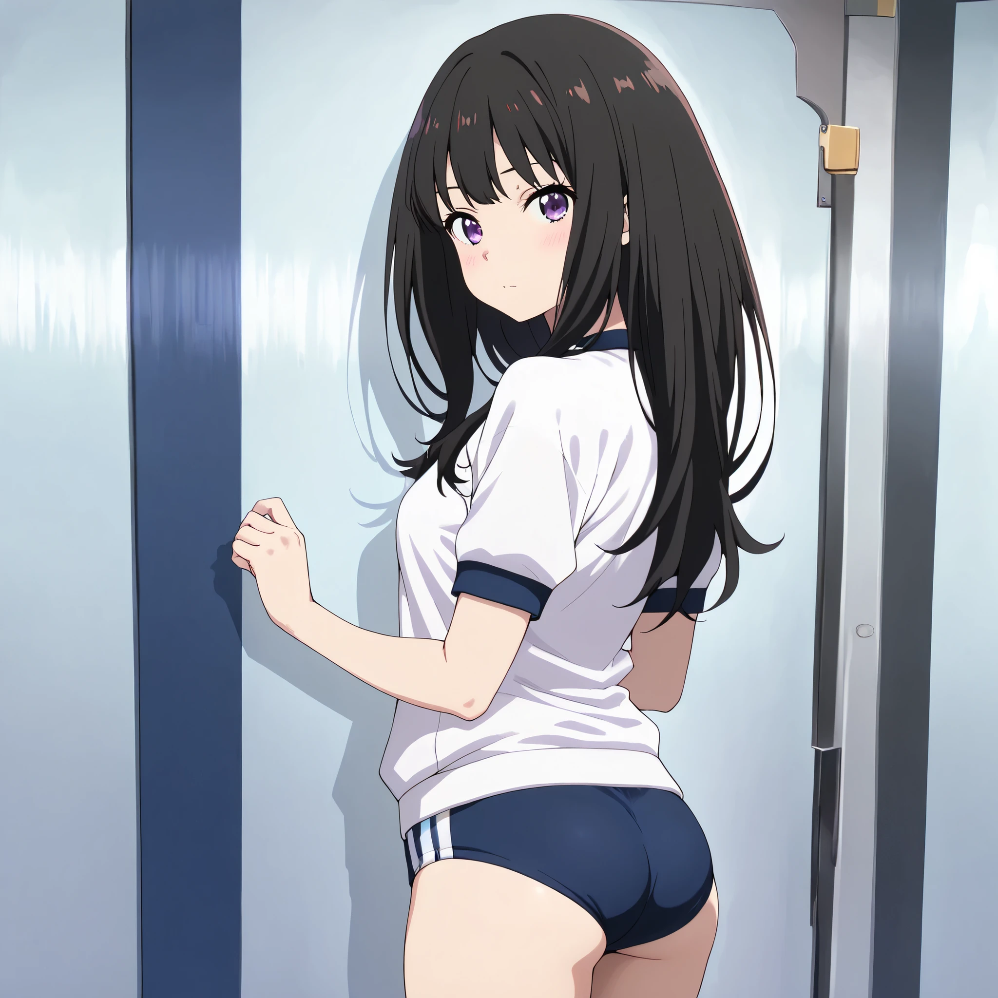 girl's room elementary school girl 8-year-old flat chest black hair long hair eyes are purple ((1 person)) Baggy white upper bodyTshirt sports bra Lower body navy blue miniskirt((White panties are visible)) black socks She is leaning against the wall of her room with her skirt pulled down to her knees. spread your legs a little I can see white panties dynamic angle Low angle from the front