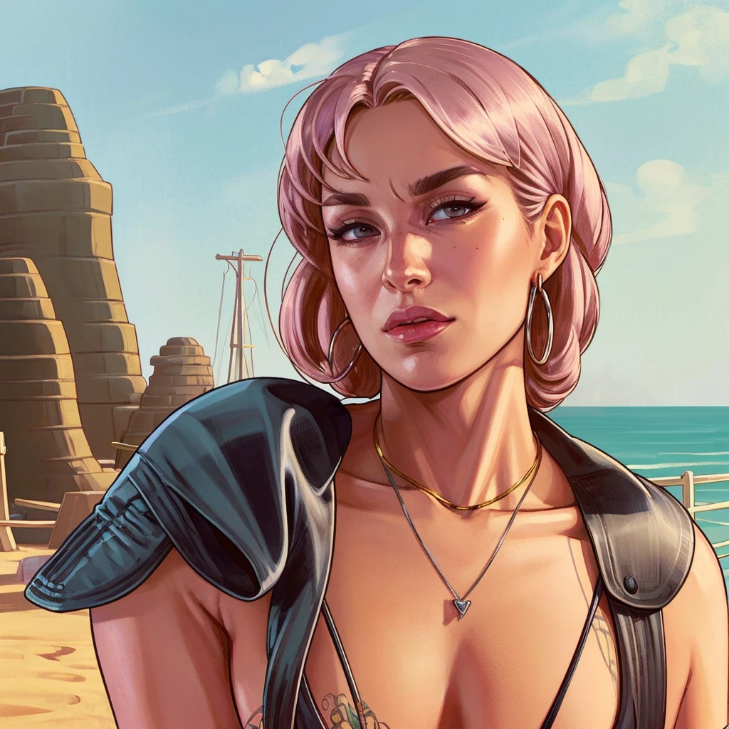 GTAV Loading Screen 2D art, Pink short hair girl in pink dress from Sakura from Naruto Series as GTA5 Character, cinematic composition, standing in front of a city, shaders, bright cinematic lighting, soft contrast, GTA5 loading screen, gta art, wallpaper 4 k, wallpaper 4k, hq 4k wallpaper, gta loading screen art, fan art, rockstar games art