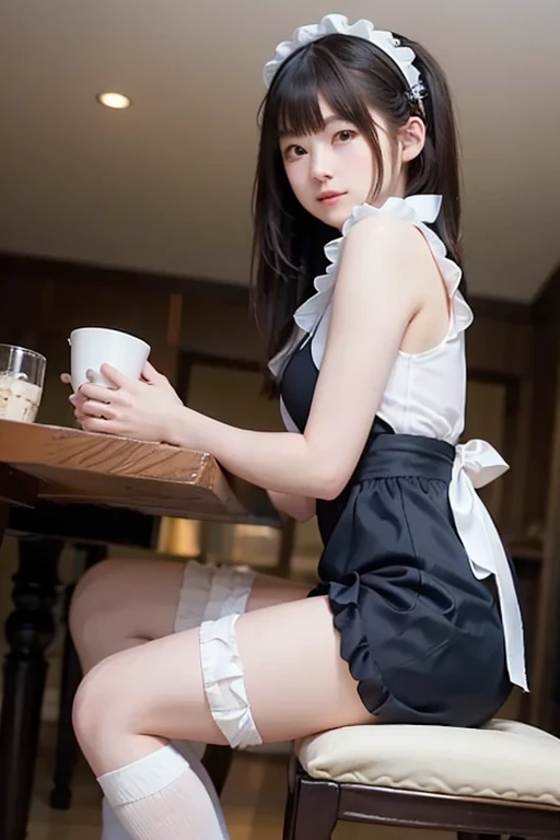 (hyperrealistic), (illustration), (high resolution), (8K), (extremely detailed), (best illustration), (beautiful detailed eyes), (best quality), (super detailed), (masterpiece), (wallpaper), (detailed face), solo, (dynamic pose), 1 girl, white wavy hair in the kitchen, korean, heterochromic eyes, small moles under the eyes, ((apron)), big breasts, long legs, tightens abs, (camel toes), (black stockings), (no panties), (no bra)