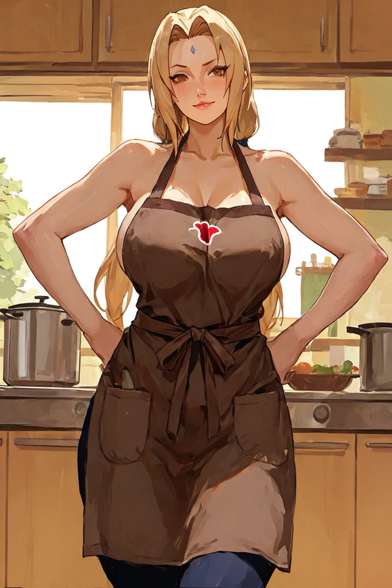 Girl with long blonde hair, , in an apron on naked body