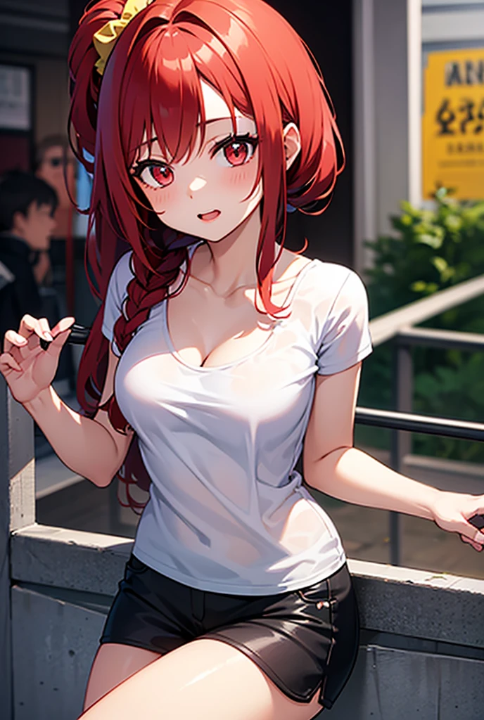 An anime girl with red hair and blue eyes wearing a skirt and an open shirt revealing a black and red bra