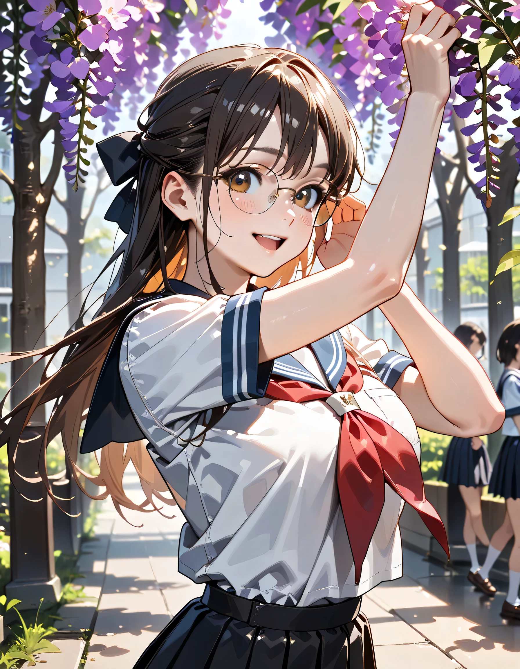 ((ultra-detailed)), (highly detailed CG illustration), (best quality:1.2), ultra-highly detailed, colorful composition, artistic photoshoot, 1girl, solo focus, ((upper body:1.3)), moe anime character, girl, dainty facial structure, (baby face), (round face), ((rounded chin:1.2)), blue eyes, ((wearing glasses:1.4)), ((round eyewear:1.4)), ((black hair color)), ((long hair)), ((half updo)), ((hair ribbon with red)), ((fluttering hair)), ample breasts, school uniform, sailor suit, traditional Japanese style with navy blue and white colors, navy blue pleated skirt, black tights, ((happy:1.5)), ((joyful:1.5)), ((laughing:1.4)), ((blush:1.4)), ((Sweat:1.4)), ((spoken !?:1.4)), ((looking viewer)), ((Walking along the the wisteria flowers:1.3)), ((wisteria flowers petals dancing)), beautiful detailed sky, from front, ((dynamic pose)), ((contrapposto pose)), best quality, masterpiece, expecting, pink cheek, blush, light pink gloss slip, portrait, depth of field, soft lighting, sidelighting, (shine), lighting, caustics, ray tracing, smile, perfect face, lustrous skin, highly detailed face, highly detailed eyes, perfect face, perfect nose, perfect hair, perfect eyes, perfect anatomy, beautiful hair, beautiful small face, extremely detailed face, beautiful detailed eyes, beautiful clavicle, beautiful body, beautiful huge breasts, leavage, breasts squeezed together, equalize the size of the left and right breasts, beautiful fingers, 4 fingers, 1 thumb, lovely, (very detailed background:1.0), (highly detailed background:1.0), spring aesthetic, intricate details, joyful atmosphere, spring colors palette, chromatic aberration