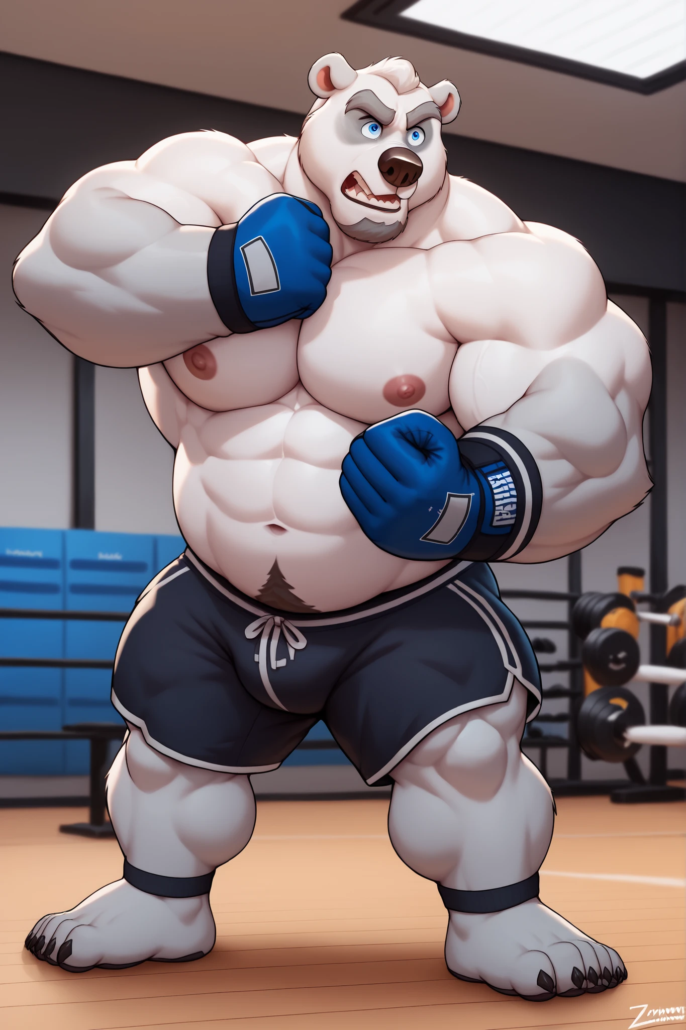 huge muscular polar bear at ZPD's gym, big strength, polar bear, huge white fur, thick arm, huge arm, added thick gray mustache, added thick gray beard. Short white hair, (thick muscular, pectoral, wide pectoral, thick arms), 220cm weight: 254kg, gray eyebrows added, detailed eyes, (wearing black MMA shorts with blue colored slits, MMA gloves, ankle support brace), punching and kicking techniques. Disney art style