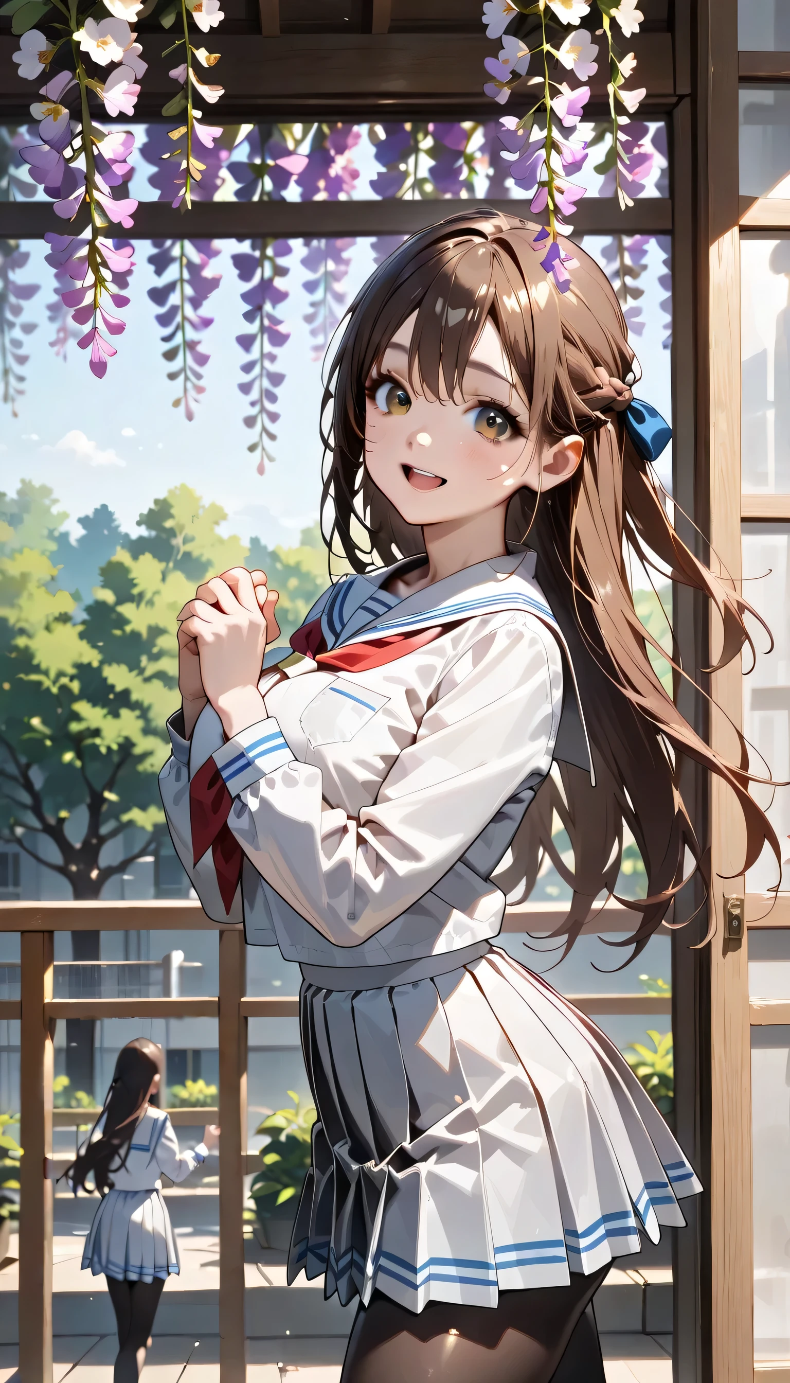 ((ultra-detailed)), (highly detailed CG illustration), (best quality:1.2), ultra-highly detailed, colorful composition, artistic photoshoot, 1girl, solo focus, ((cowboy shot:1.4)), moe anime character, girl, dainty facial structure, (baby face), (round face), ((rounded chin:1.2)), blue eyes, ((wearing glasses:1.4)), ((round eyewear:1.4)), ((black hair color)), ((long hair)), ((half updo)), ((hair ribbon with red)), ((fluttering hair)), ample breasts, school uniform, sailor suit, traditional Japanese style with navy blue and white colors, navy blue pleated skirt, black tights, ((happy:1.5)), ((joyful:1.5)), ((laughing:1.4)), ((blush:1.4)), ((Sweat:1.4)), ((spoken !?:1.4)), ((looking viewer)), ((Walking along the the wisteria flowers:1.3)), ((wisteria flowers petals dancing)), beautiful detailed sky, from front, ((dynamic pose)), ((contrapposto pose)), best quality, masterpiece, expecting, pink cheek, blush, light pink gloss slip, portrait, depth of field, soft lighting, sidelighting, (shine), lighting, caustics, ray tracing, smile, perfect face, lustrous skin, highly detailed face, highly detailed eyes, perfect face, perfect nose, perfect hair, perfect eyes, perfect anatomy, beautiful hair, beautiful small face, extremely detailed face, beautiful detailed eyes, beautiful clavicle, beautiful body, beautiful huge breasts, leavage, breasts squeezed together, equalize the size of the left and right breasts, beautiful fingers, 4 fingers, 1 thumb, lovely, (very detailed background:1.0), (highly detailed background:1.0), spring aesthetic, intricate details, joyful atmosphere, spring colors palette, chromatic aberration