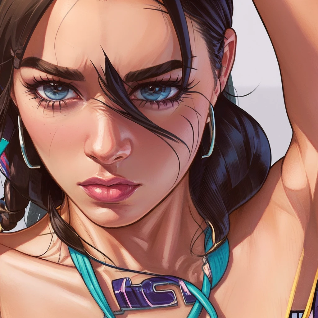 1 girl, Sombra from overwatch, (dark skin female:1.3), naked, medium breasts, sweating a lot, black eyes, upper body, confident, looking at viewer, tongue out, pistol in hand, pointing at viewer, forest background