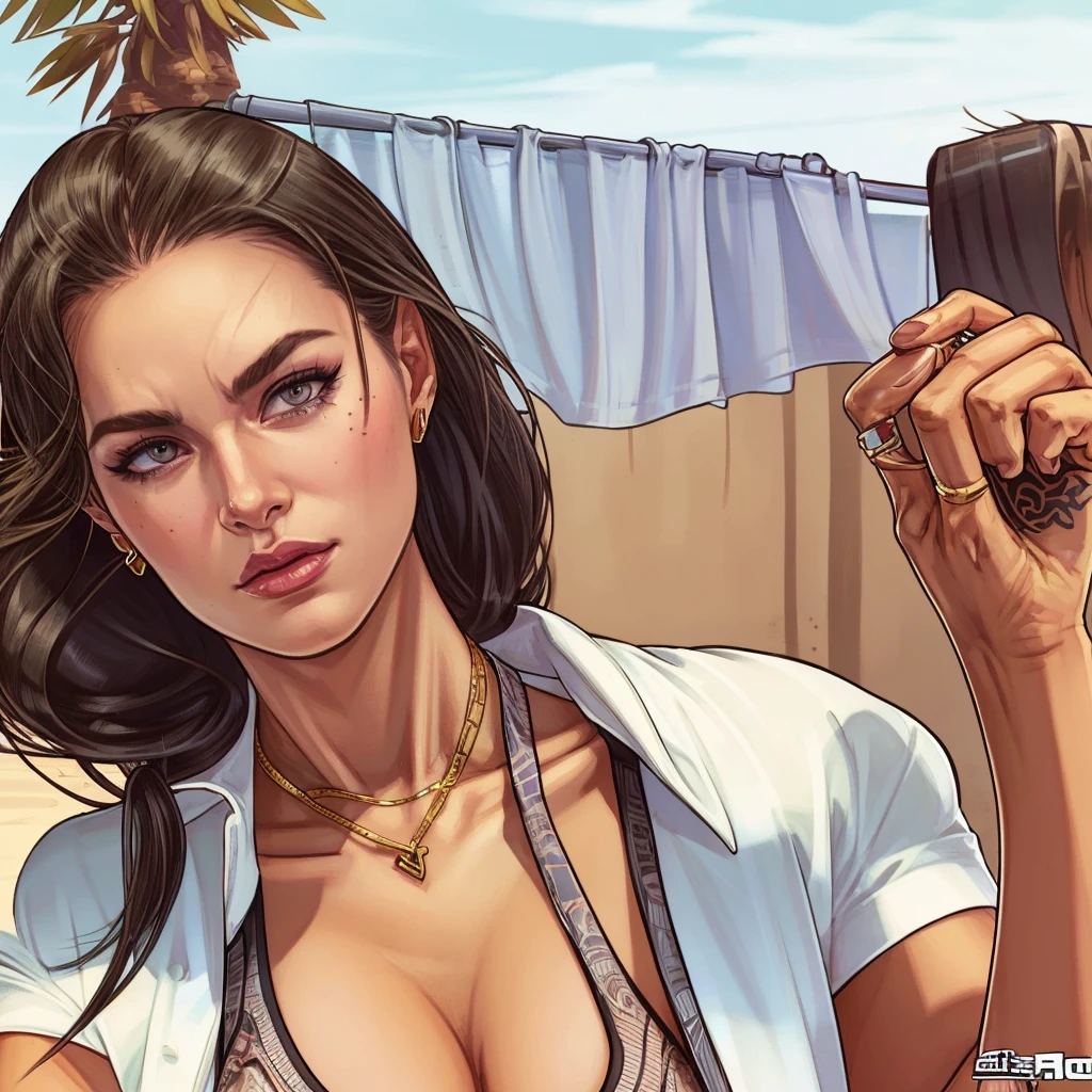 Jeday style female warrior character armed with a 38 revolver western style atompunk Fallout 4 monica Bellucci le with war marks Cartoon image of a woman .Ilustra??o estilo desenho animado, estilo de arte dos desenhos animados, estilo de arte dos desenhos animados, digital illustration style, estilo atompunk design de personagens altamente detalhado, arte digital detalhada coragem, Forest fan art, Design de personagens de retrato, beautiful digital illustration, retrato de alta qualidade, Arte em quadrinhos, mulher jovem cabelo com transas lindas . Queen Anna of ArendelleBeautiful lined eyes Medium large bust and wonderful sexy clothes. image expression of sexual desire from waist to head illustration Queen Anne of Arendelle atompunk style Fallout 4 The perspective is from below, enfatizando a majestade e o poder da Gigante." armed with a 38 western style revolver with a 38 revolver in her hands jeday style warrior in summer clothes on the beach