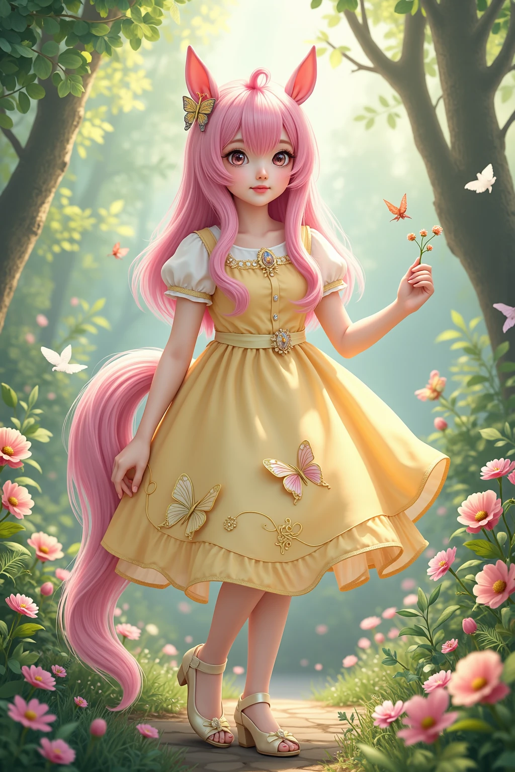 Night time, night light. a Chibi from Sky: Children of Light, vibrant warm smile , cute glasses, white nice teeth, long strand pink hair, featuring vibrant colors and whimsical details, evoking a sense of wonder and magic. The color temperature is cool, very dark nighttime, standing in a herd of glowing beautiful fireflies that are lighting her up, while the Chibi wears a joyful expression. Soft lighting accentuates the character's charm and innocence. --v 5 --stylize 1000, fireflies, dynamic lighting, park, flowers, green grass, cute frock, glowing butterflies, glowing fireflies, dreamlike, dreamworks , magical world,