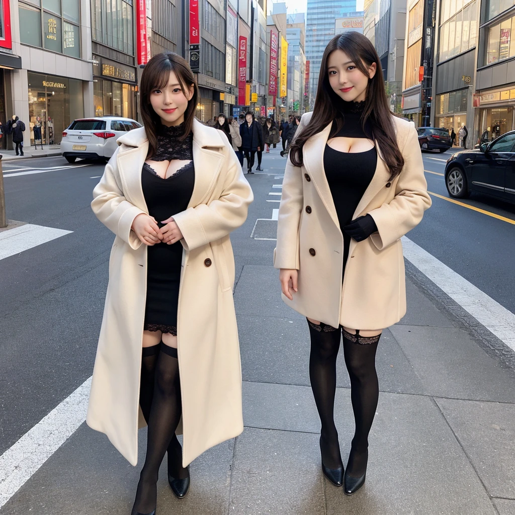 （Brown Shortcut）,((Photo of two beautiful women:1.2))、(24-years-old,Two Japanese women:1.2)、8k, Captivating smile, (((Huge breasts,Very good):1.4)) , expensive：1.4、Small face、Nikon Z85mm, ((Highest quality)) ,((Tabletop)), Intricate details, Professional, Realistic, Realistic、 ((sexy tunic sweater))：1.2、（Standing in the park）:1.2, Big earrings、（colorful、Stretch long boots、High heels、Pointed Toe）：1.2、Full Body Shot、Nipple Augmentation