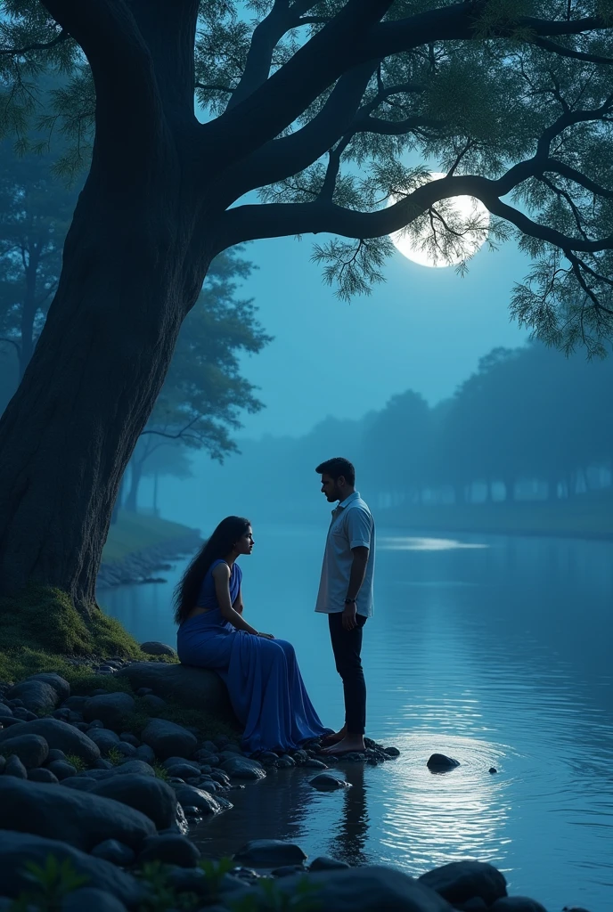 there are 20 Year old couple sitting of front on a swing in the moonlight, wearing a clothes, boy with name shish, write on it girl with name Rabia, write on it lovely couple, sitting on a moon, heart emoji,holding hands in the moonlight realistic art painting detail photo
