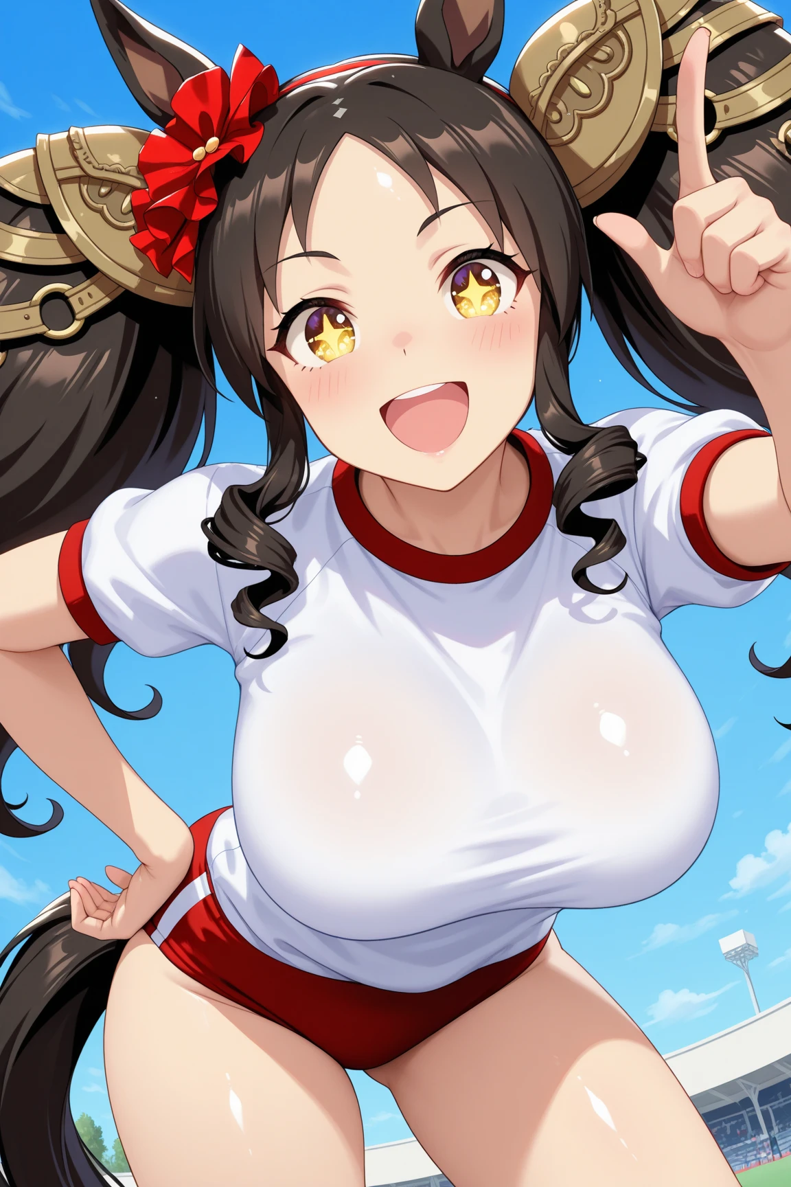 Black Hair、Twin tails、Huge breasts、very big breasts、T-Shirts、Gymnastics、high leg pants、he is short、High resolution、highest quality、Detailed face、Beach、Anime Moe Art Style、Horse Girl、See-through、Wet