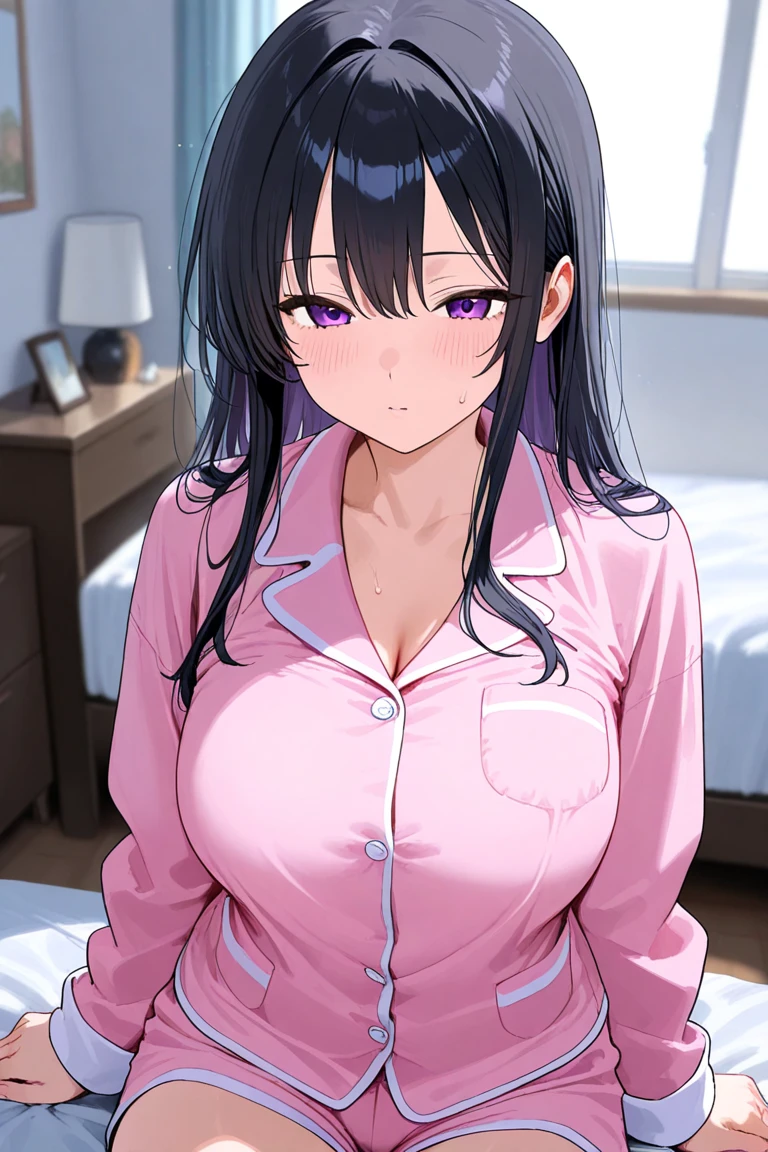closed eyes: (narrowed eyes:1.3):11、(on stomach:1.5),lying down , , Realistic, real person, (pale skin: 1.2), RAW photo, photorealistic, shiny skin, shiny hair、 (A 25-year-old woman with straight hair and bangs) and (medium hair) and (black hair) and (purple eyes) , (purple:1.5) and (yukata)、Cleavage、 (embarrassed,blush:1.3),open mouth,The background is a futon at night、(alone:1.5)