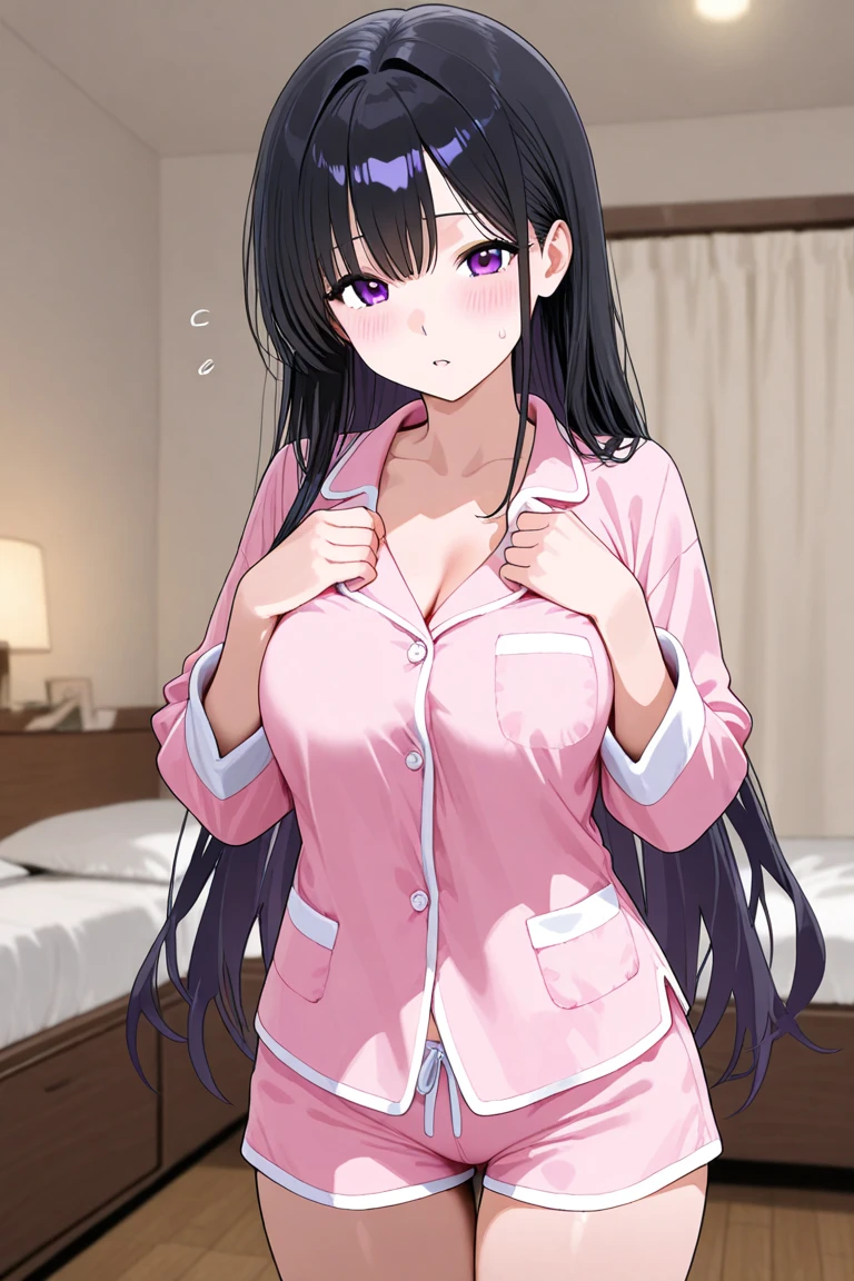 1girl,perfect ,black hair, long hair, (hair over one eye:1.4), messy hair, hair between eyes, plump, chubby,fat, saggy breast, cute motif pajama, cute shy blush on , bedroom