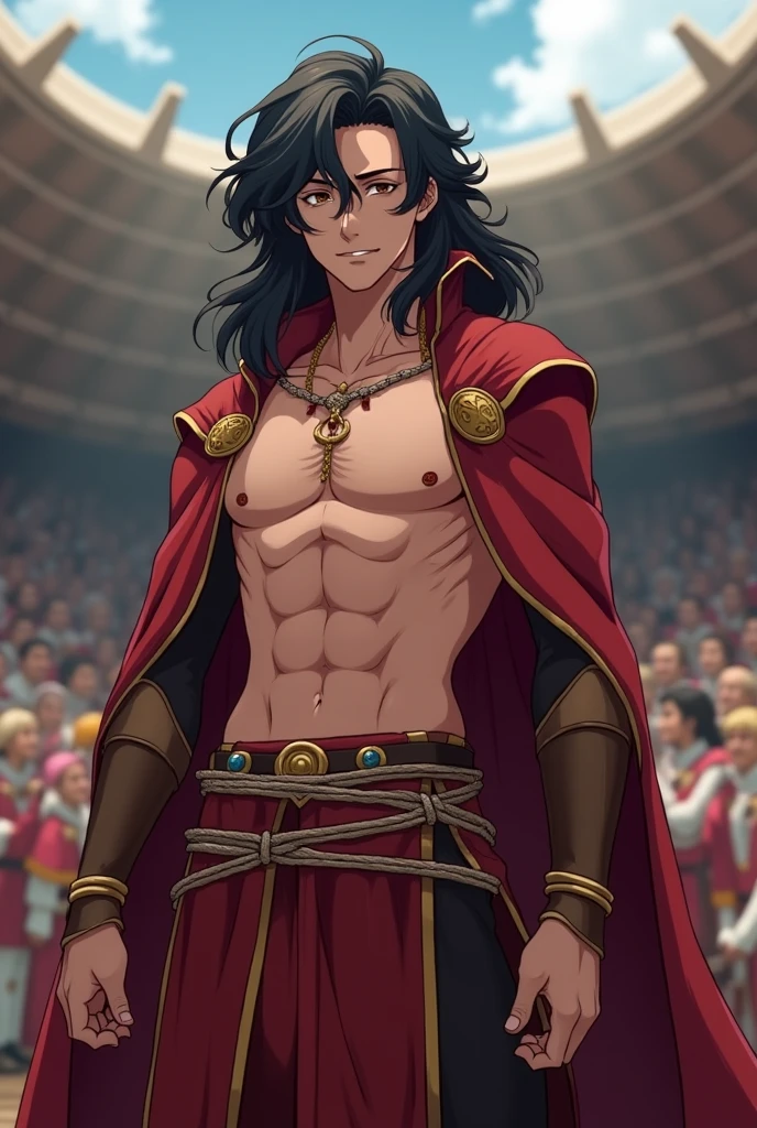 tarot, The_Hierophant, balance scale, sword, English text, roman numeral, (HolyGrailTarot:1.2),retro artstyle, \(medium\)
(one male:1.9) (1boy:1.9) (front view:1.6)
Very detailed flawless handsome face, detailed open eyes, heroic, bodybuilder, (big muscles), (big pectorals), narrow waist. Long hair. Realistic face, realistic eyes, (smile).
Standing, (open robes) showing (bare chest), book.
Highly detailed, high quality, masterpiece, vibrant colors.
<lora:BulkedUpAIR1.5:0.1>
<lora:UltimateTarotV1.3:0.9>