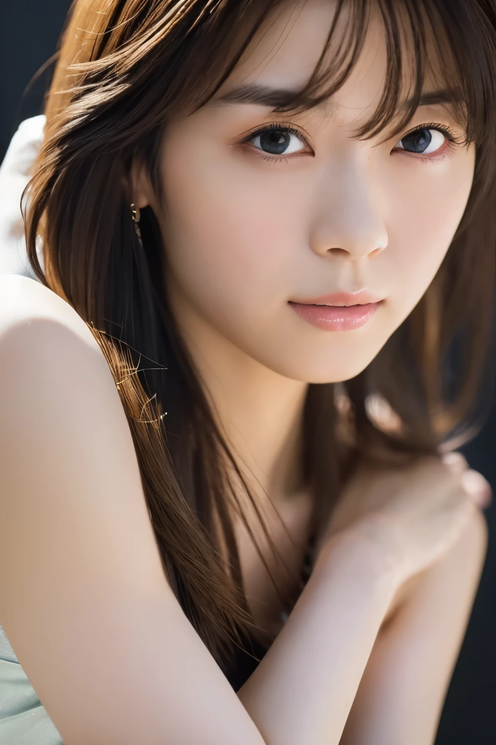 masterpiece, highest quality, 8k, 20th generation, Big Breasts, cute, alone, sad, cute, Girlish, Delicate girl, Pure beauty,  RAW Photos, Professional photography, Portraiture, Soft Light, Professional Lighting, Backlight, Upper Body, avert your eyes, Sophisticated, Film Grain, (Eye and facial details:1.0), floating short hair, beautiful, Flowing Hair, Asymmetrical bangs、(Big Breasts:1.2)、Loose sleeveless、You can see the side breasts、I can see your underwear、You can see a little bit of her chest.、dolly make、Heterochromia iridis、Summer sky、Cumulonimbus、Sandy Beach、Ocean