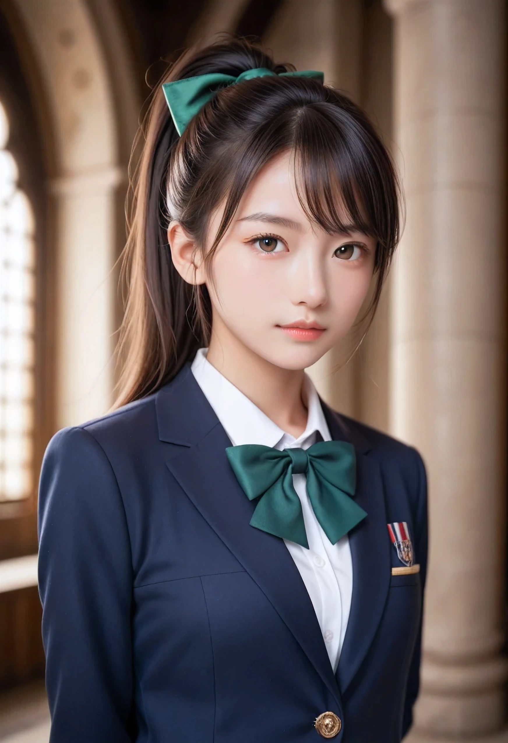 score_9, score_8_up, score_7_up, super detailed, 32K, Masterpiece, top quality, super high definition ,nsfw, official art, photorealistic, 1 classy Japanese woman, ((ponytail)), black hair, smaller face, natural makeup, cute face, small breasts, curvy body, perfect_proportioned body, Detailed high quality, Realistic depiction of face, fair skin, school uniform, navy blazer, green bow, classic style with white shirt and plaid skirt, formal look, standing inside on medieval castle, looking upward, arms behind back, upper body, cowboy shot, gentle expression,