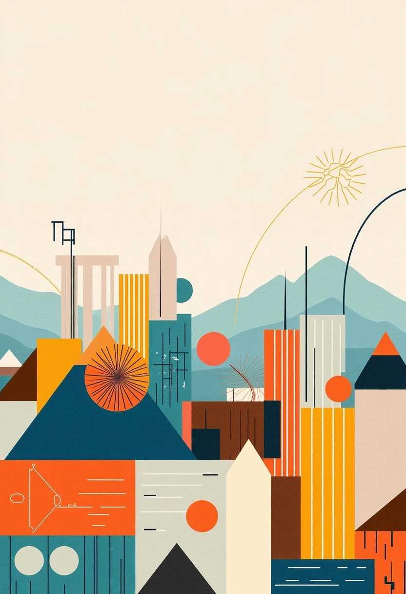 zoo, (animals, lion, cat, dog, pig, monkey),bauhaus style, geometric parts, mutile lines, multi circles, 3triangles,(color palette is light blue orange yellow grey brown), ,,,double exposure, flat art, minimalist, geometric pattern, ancient pattern
