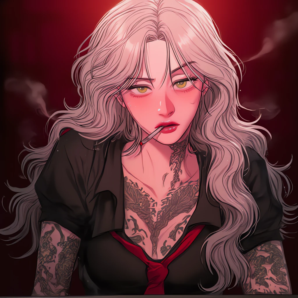 1 donna, mature female, sharp looks, Long wavy blonde hair, shiny lips , occhi verdi, with a black short-sleeved shirt with red tie.from the neck down is full of tattoos, with a cigarette in her mouth