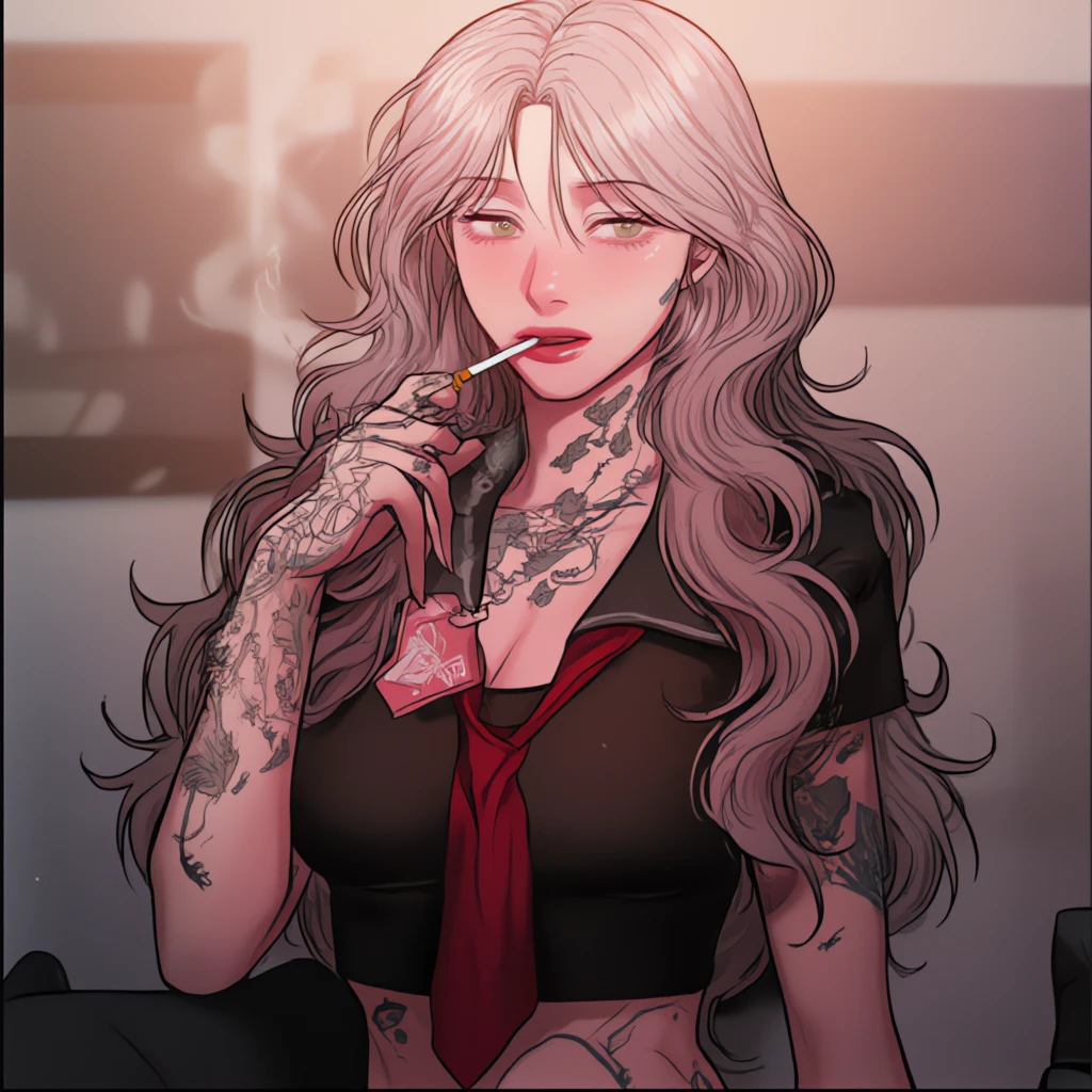 1 donna, mature female, sharp looks, Long wavy blonde hair, shiny lips , occhi verdi, with a black short-sleeved shirt with red tie.from the neck down is full of tattoos, with a cigarette in her mouth