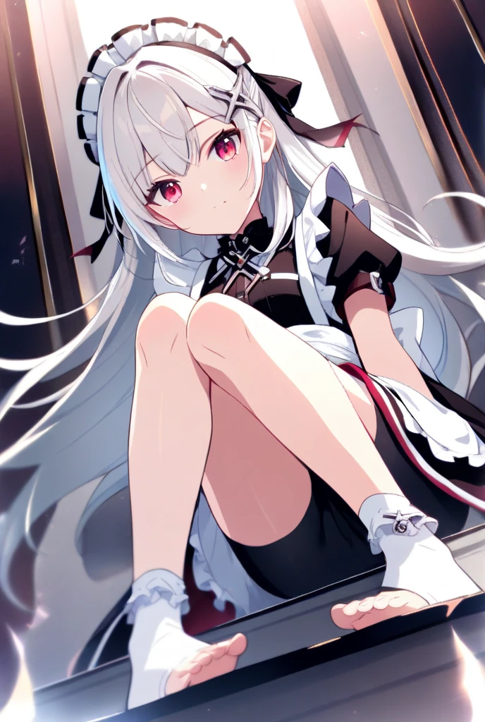 [(White background:1.5)::5], (Bottle bottom:0.9), 1 girl, Medium Shot Shot, full bodyesbian,White hair,Black dress,Red bow,Black shoes,bule eye,Long legs,right leg on,white legwear,