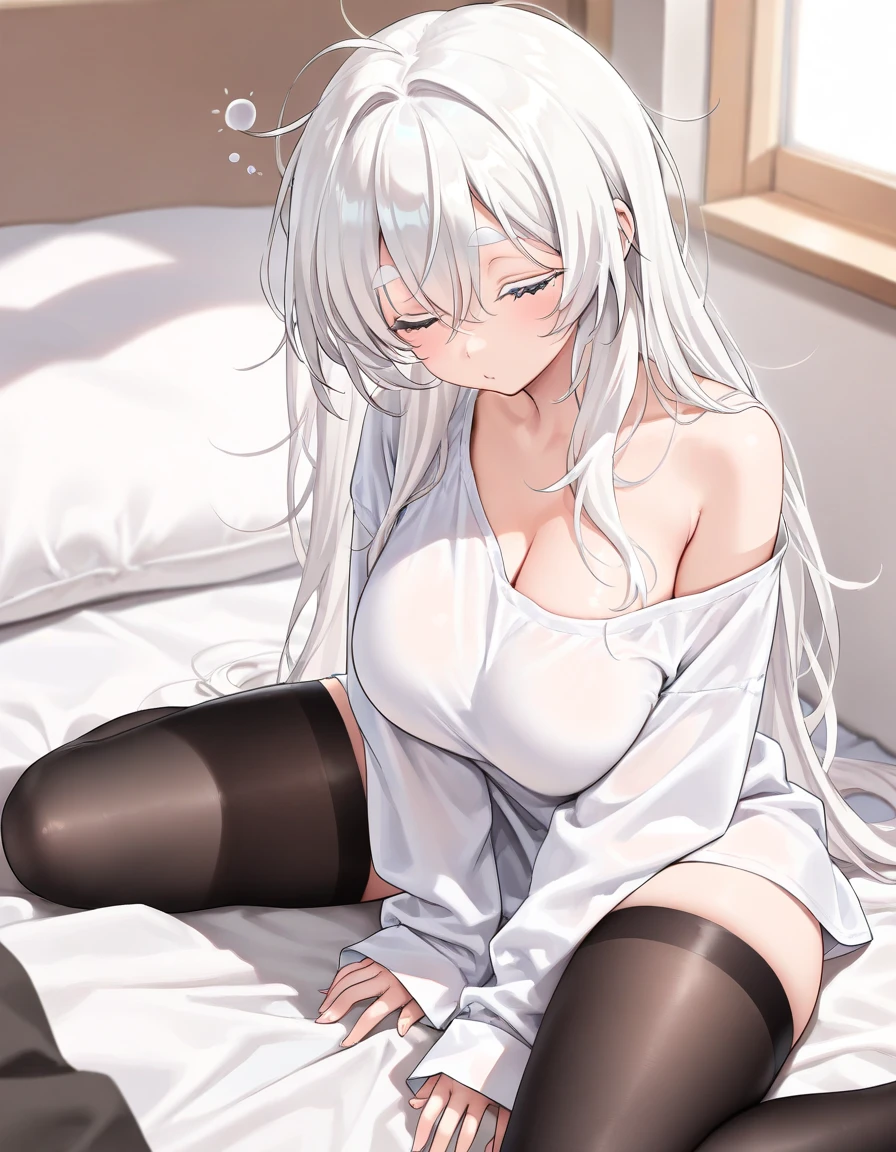 platinum hair,,long hair,blue eyes,pointy ears,elf,tall,((top tank,shorts)),(((blush,sensual,tempting))),blush,wet,sweat,on the bed,