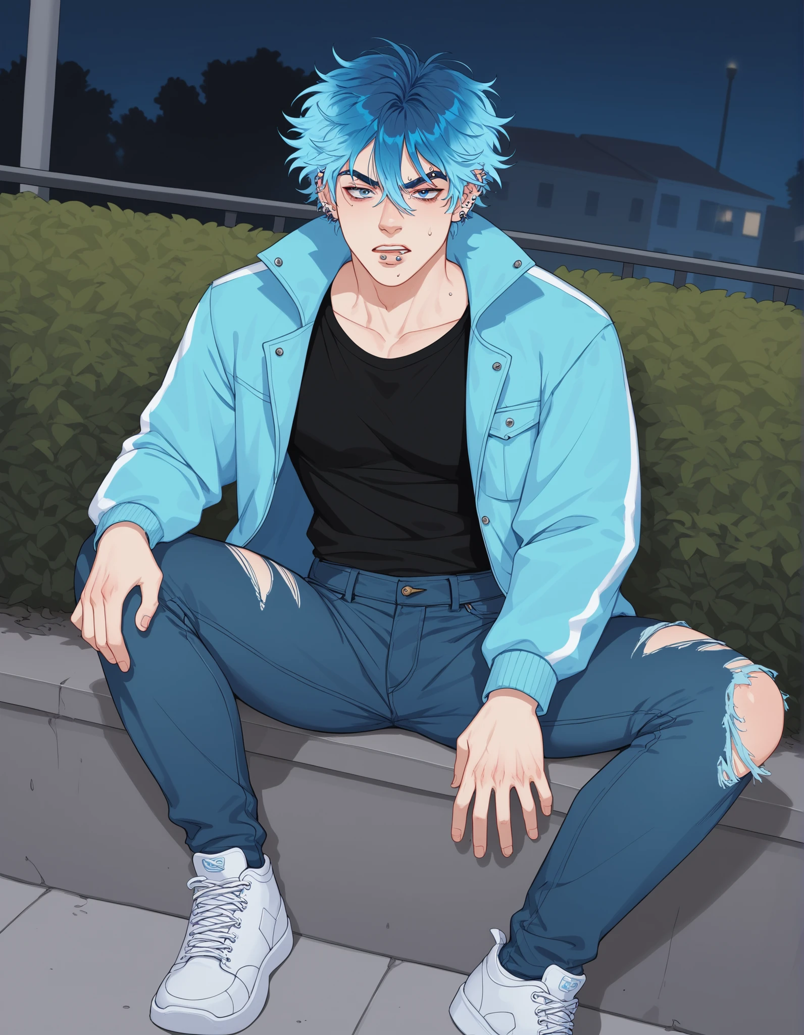 A young man . Messy and medium-sized hair, blacks with blue highlights, olhos cinza, pele clara. He has a long fringe of hair that covers part of his eyes, has several piercings on her ears, eyebrow piercings. He wears a long loose black shirt and simple, a pastel blue jacket, ripped black jeans, white sneakers. He has a thin body and a muscular structure. She is in a park at night, with one hand in the jacket pocket. disinterested look