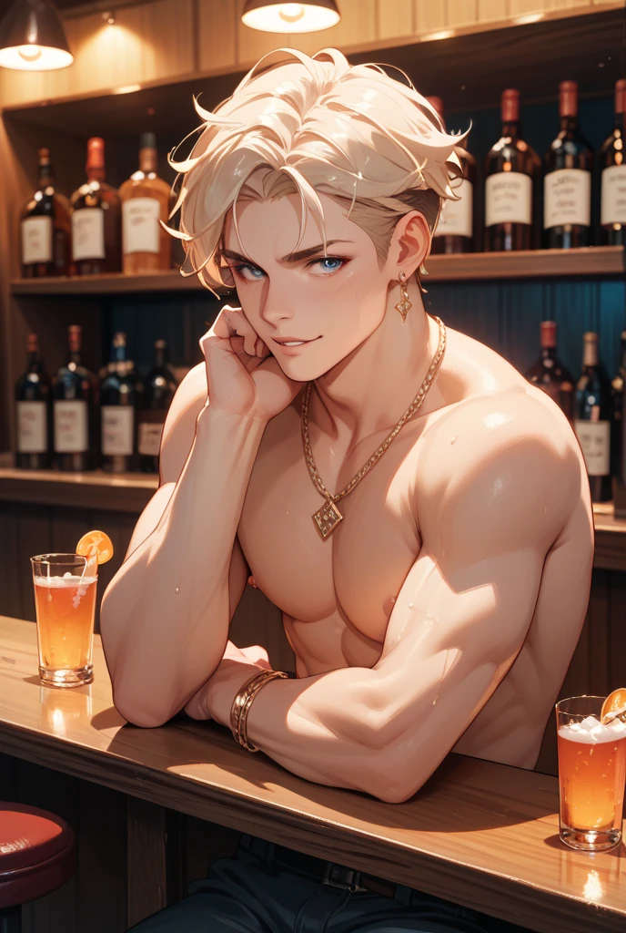 Highest accuracy,A muscular man wearing only a bow tie,sitting at the bar,Shirtless,Wine spilled on the panties,Lower body erection,Lower body details,Thick pubic hair,The handsome face of youth,The expression is shy,Short white hair,The background is a brightly lit bar,Background details are exquisite,Cyberpunk style