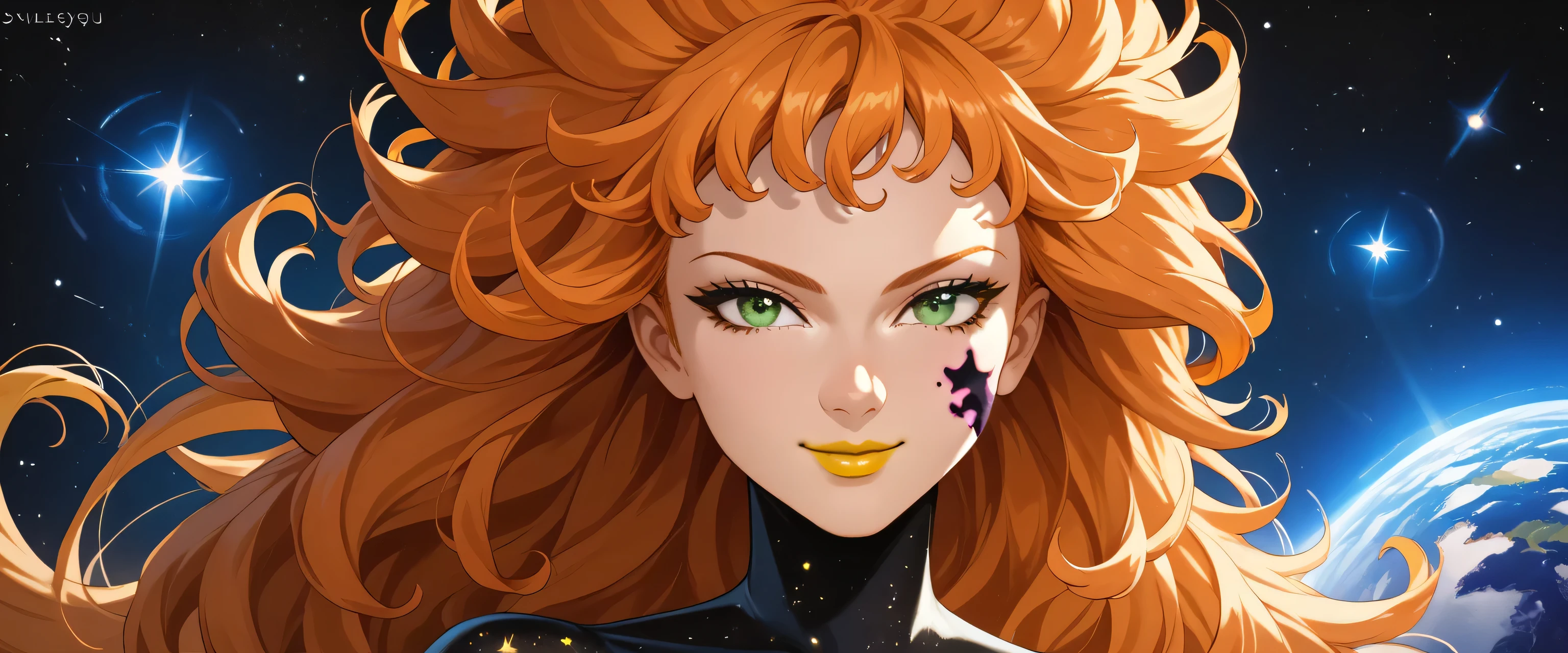 woman, anime style, yellow lipstick, green eyes, looking at viewer, focus on face, smiling, orange hair, long hair, voluminous hair, amazing lighting, yellow lighting, universe, outer space background, stars, galaxies, galactic hair