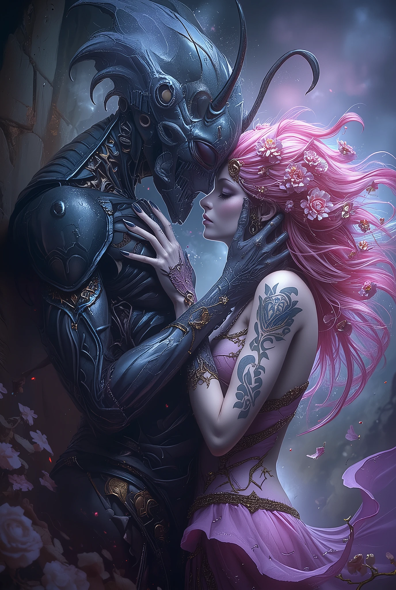 (Best Quality, 4K, high definition, masterpiece:1.2), (super detailed, photorealistic looking happy:1.37), photo taken by professional photographer, a beautiful, 1 extremely sensual prince of bugs, with 1 beautiful female flower spirit, kissing each other, pure love, detailed facial features, elegant posture, alluring expression, best quality, 4K, high resolution, photorealistic, HDR, UHD, studio lighting, vivid colors, fantasy scene, dark atmosphere, dramatic lighting, intricate details, macro photography, insect portrait, neon colored, dark moody lighting