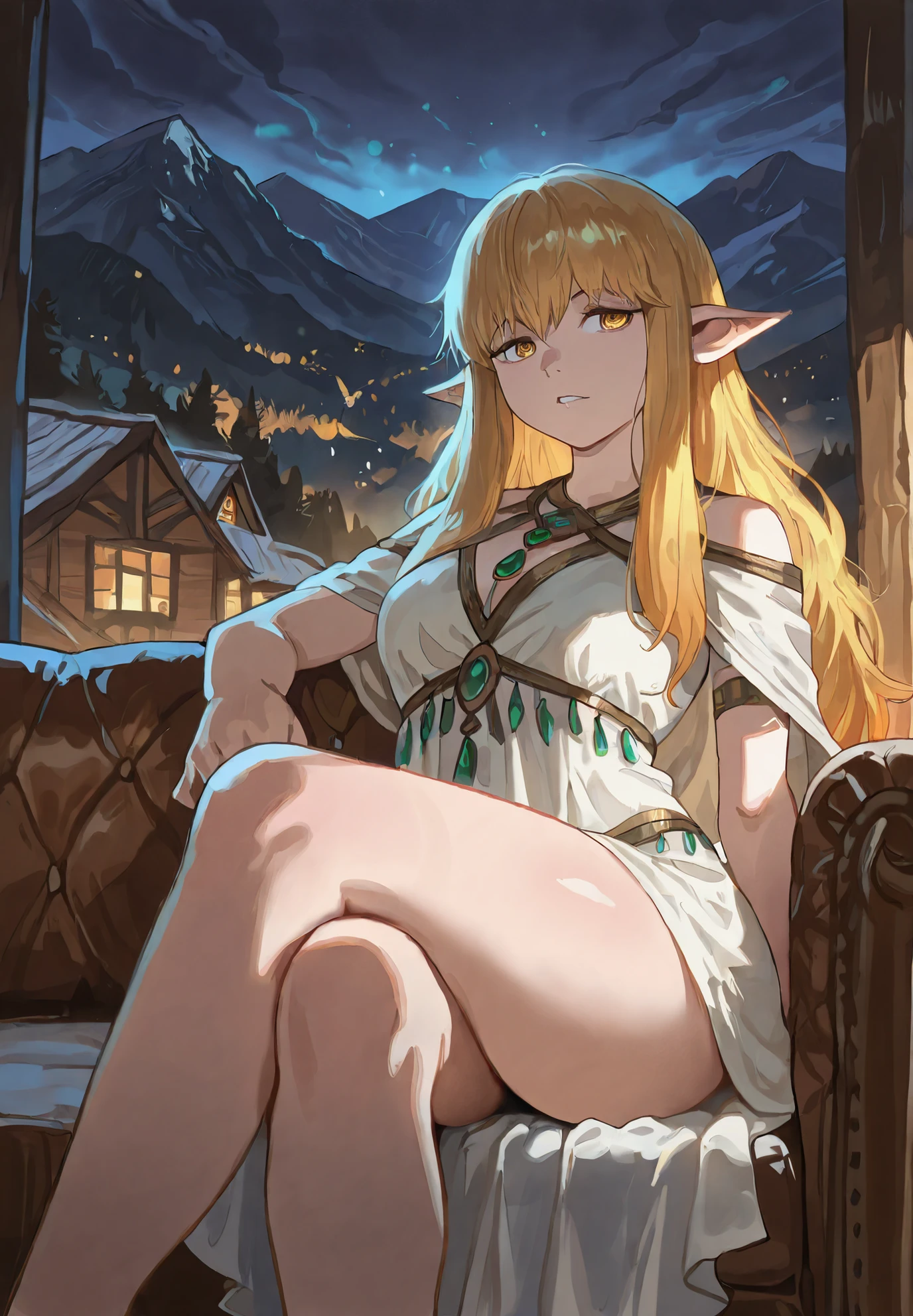 1girl, solo, Serie, Beyond Journey's End, sitting on a couch, golden hair, golden eyes, sexy pose, alluring atmosphere, mountain cabin, night time, beautiful lighting and shadows, masterpiece, top quality, warm color, high fashion, absurdres extremely, vivid colors, intricate details,