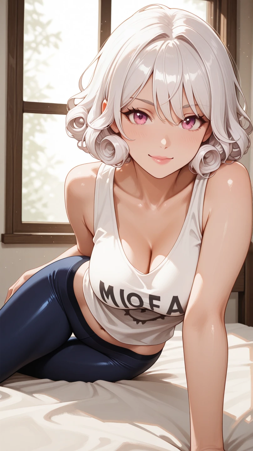 mature woman, mature face, (hot face), nasty expression, raven hairstyle, (white hair color, black gradient hair color), (sharp eyes), black pupils, glossy lips, tongue out, voluptuous body, big breasts, big ass, hands on floor, tank top, midriff tank top, hot pants, bedroom, kneeling on floor, above view