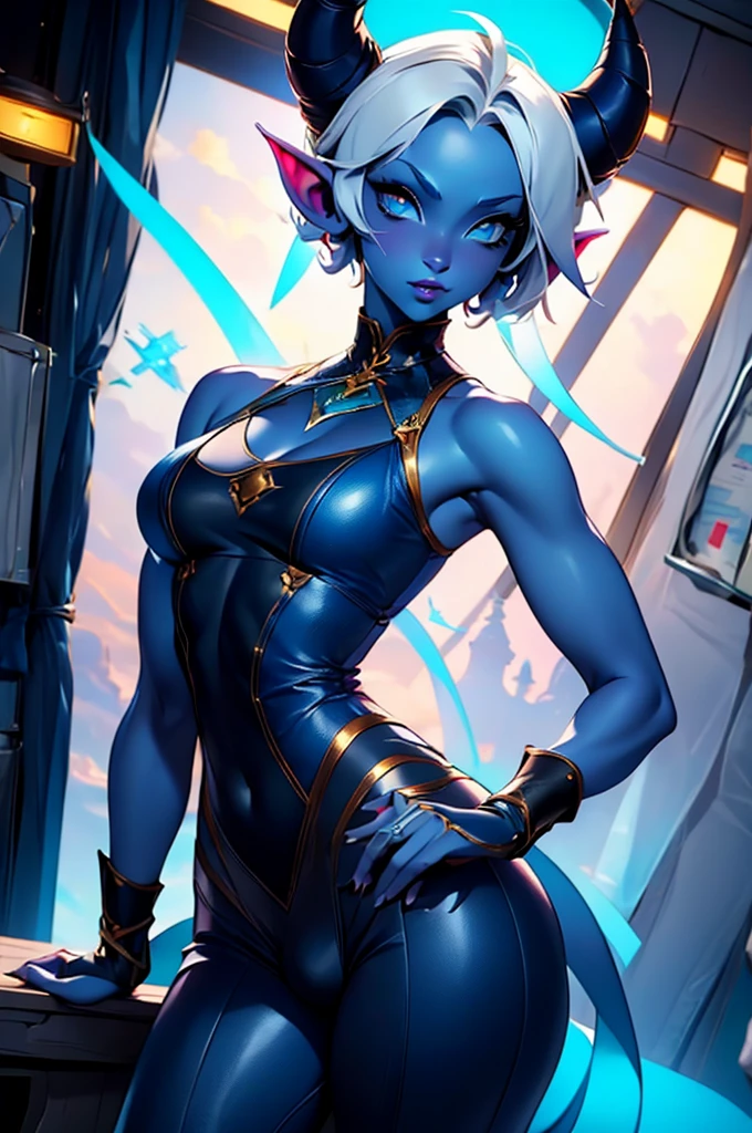 ((Masterpiece, Top Quality, Best Quality)) (full body portrait), ((high resolution)), 1woman, beautiful woman, toned female body, (white hair, tiefling, blue skin, horns, bulge, yellow cat eyes,), a blue skinned woman standing in front of a window, she is wearing only pants and breast bandages, ((sexy abs)), nsfw, abella danger