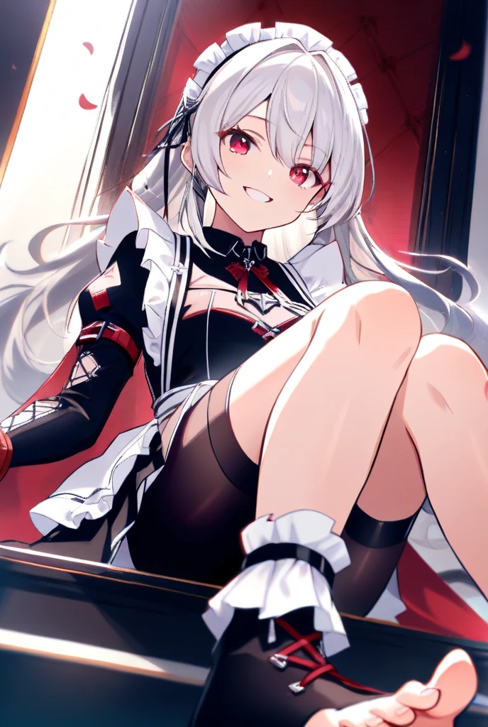 ((Masterpiece, best qualtiy)),arlecchino, arlecchino from genshin impact, exquisitedetails,Fine background,Delicate light,Ray traching,Perfect texture,one-girl,White shirt,Black super shorts,Black band on upper body,Strangle,leg loops,Black stockings,black military boots,Red pupils,Glowing pupils,Exquisite facial features,long leges,Elaborate Eyes,Disdainful eyes,evilsmile,Gloomy environment, voluptuous figure,Big breasts and thin waist,Tall guy,抖S,Royal Sister,full body shot shot,Be red in the face,White skin, white hair,Red pick dye,Only a pair of rabbit ears,Narrowing of the skin,Strangulation,mitts,Black clothing,Foot shot,Seductive action,inside in room,sit on chair,Hold your cheeks with both hands,Look down,Positive perspective,Show the legs,Show feet,Show feet,blackstockings,Erlang legs,Wearing military boots on his feet,Show off your shoes,Reasonable limb position