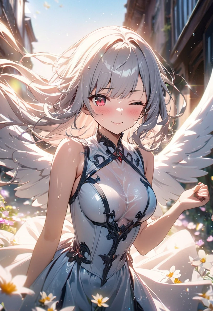 (masterpiece)、(absurdres)、(ultra detailed)、(8k),Anatomically correct,anime illustration,(Angel wings:1.3),(solo girl),(white hair),(shiny pink eyes),shortcut hair,(middle breast:0.8),(white robe:1.3),BREAK,(yellow hairpin:1.0),BREAK,smile,colorful cinematic lighting:1.3,Floating heart on hands,looking down:1.1,sky,