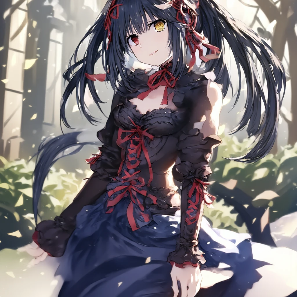 by [lack|fuzichoco|lam|kinta \(distortion\)|wlop|quasarcake|nixeu|happoubi jin|miyajima reiji],
kitagawa marin, kitagawa marin \(cosplay\), 1girl, medium hair, black hair, purple hair, blunt bangs, (angry:0.6), (half-closed eyes:0.8), , sideboob, nontraditional maid, (jirai kei:0.7), 
purple eyes, colored eyelashes, black thighhighs, cleavage, garter straps, black dress, frills, apron, black necktie, blush, close-up, sitting, looking at viewer,
lens-flare, cinematic lighting, depth of field, deep glow effect, outdoors, tree shade, maple leaf, snowing, dark, night, dappled moonlight, red theme, purple theme, 
masterpiece, best quality, very aesthetic, absurdres
<lora:illustrious_all_rated_v1:1>