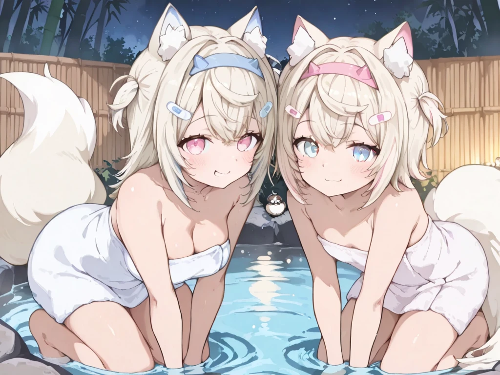 (Printed Polaroid Photo\(2females および2人の女の子 cute,cute Five fingers Five fingers Small wolf ears Small wolf ears White Shorthair Brown short hair Petite Petite She has big breasts Normal chest first round first round White swimsuit Brown swimsuit The background is a hot spring