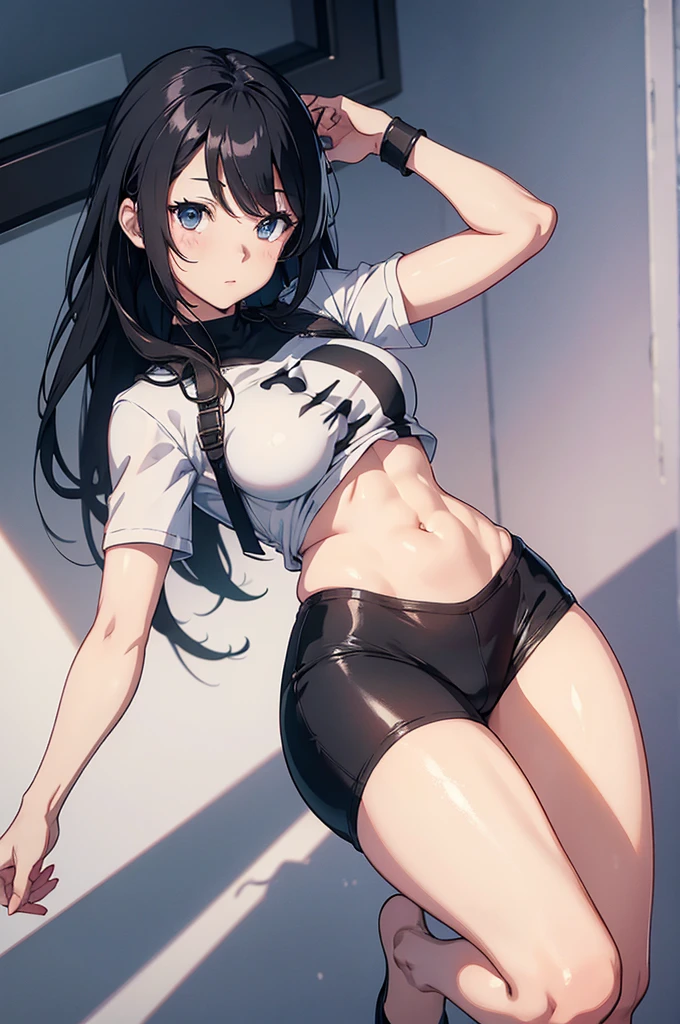 female, skinny, narrow waist, huge breasts, long legs, flat stomach, black twin tails, black hair, blue eyes, white sports bra, midriff, side boob, gym shorts, bloomers, (thong:1.3) (white knee socks:1.2), locker room, portrait, cowboy shot, black hair, gym uniform, (bare arms:1.5), thighs, sleeveless, thicc