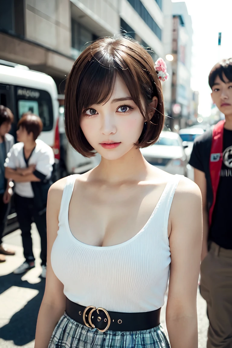 (((boyish、short-cut、Manly look)))、(realisitic、Photorealsitic、ultra-detailliert、Highest Details Skins、top-quality、masterpiece、超A high resolution)、A Japanese Lady、17 age、hi-school girl、I have bangs、二重まぶた、Large black eyes、Realistic skin type、very large breast、Upper body photography、In the street、blurry backround、Bright lighting from front