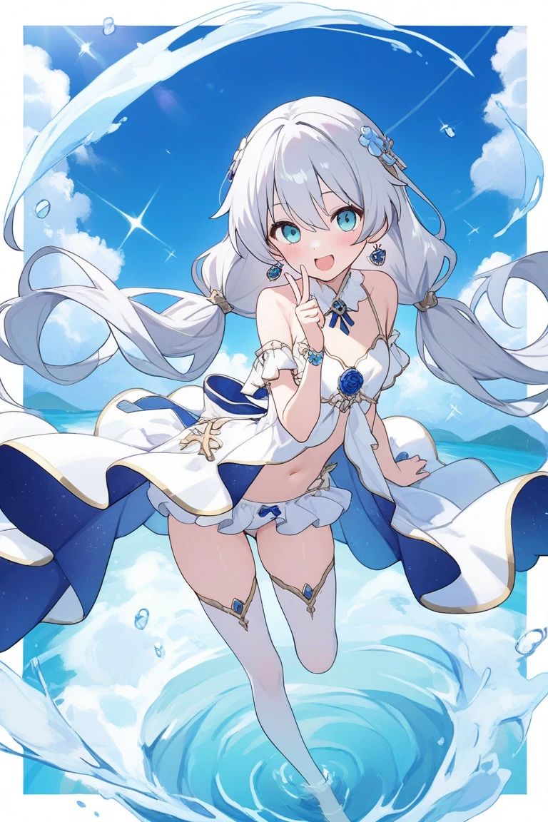 （masterpiece）、(highest quality)、((Super detailed))、(super delicate)、Cute naughty swimsuit idol、Pastel colors hair、beautiful breasts、Thighs、Gorgeous、Fantastic starry sky、beautiful sea、Wet and see-through