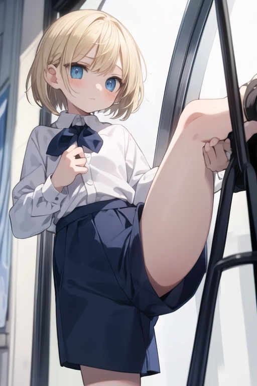 olga pataki, kneeling, side view, blonde, white shirt, black vest, long sleeves, midriff, green plaid skirt skirt, brown boots, earrings, blowjob, short hair, inside a train, white thighhighs