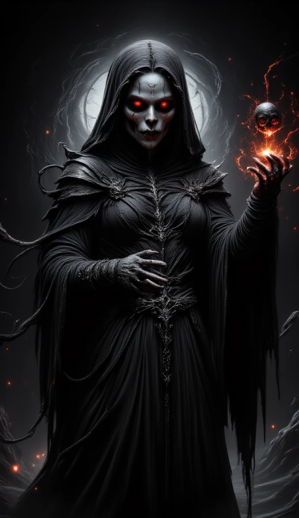 (Fatal Beauty,A fascinating villain,witch) ,(A supple and powerful physique),(Sensual charm),(Mysterious charm:1.1),(Captivating silhouette),(highest quality,High resolution:1.2),(dark,Threatening:1.1),((dark horror theme:1.5),(Thriller:1.5)),(Dark fantasy:1.5), (((Countless stars fly away:1.5),(Absurd:1.5),(wonderful:1.5))),Woman in a Red Dress, (Powerful figures:1.1),(((Big Breasts))),(((Fiery crown:1.1))),prime color,Urban,Very detailed,masterpiece,Intricate details,Faded,Very detailed, Eye for details,Intricate details,暗くてSpooky atmosphere, Spiritual Beings, 忘れられないほどbeautiful, Ghostly figures, Shadow-like shape, Spooky whispers, Ominous Aura, Goth Maiden, Very dark彼女の目, Like dazzling fur in a starless haze,Her Mogul Snaps, Mysterious Cemetery,Black hair swaying in the moonlight, She summons darkness, (beautiful: 1.7), (Black Hat: 1.6), (An intricately decorated jet-black cloak: 1.6), (Delicately decorated cloak, although it is damaged: 1.5), Hypermaximalist, Breathtaking oil paintings, Surreal, Ultra-realistic digital illustrations that mimic the style of oil paintings, Seamlessly blending the psychedelic visionary art of Alex Grey with the physio-mechanical aesthetic of HR Giger. wonderful構成, (Eyes Shining:1.6)、(Glowing Eyes:1.1),(hellish landscape:1.1),(fire,sulfur:1.1),(Threatening atmosphere:1.1),(dark shadows,Threatening presence:1.1),(Unlucky Clouds,Stormy Skies:1.1),(dark,Spooky atmosphere:1.1),(Aura of misfortune,Evil energy:1.1),(dark aura,cigarette:1.1),(Extreme heat,Burning Flames:1.1),(Nightmare Visions:1.1),(Predicting the end:1.1),(Whispers of misfortune,Devilish laughter:1.1),(Cry of pain,echoing screams:1.1),(Bad luck symbol,Ancient runes:1.1),(Mysterious Relic,dark 美術ifacts:1.1),(Infernal Ritual,Ritual sacrifice:1.1),(Eternal Ruin,A hopeless existence:1.1), Inspired by the background of the abandoned mecha. Art created by Craig Mullins, Necrostyle., Detailed Description, Futuristic sci-fi scene. Focus on SF concept art, Vivid colors and sharp focus.