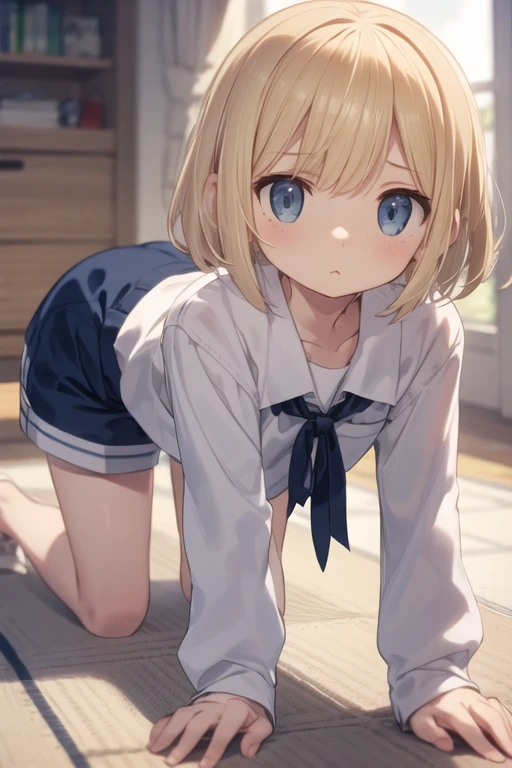 hugging own legs, Certainly(Blue Archive), Medium breasts,  Blonde hair, Braids, folded ponytail, Hair ribbon,