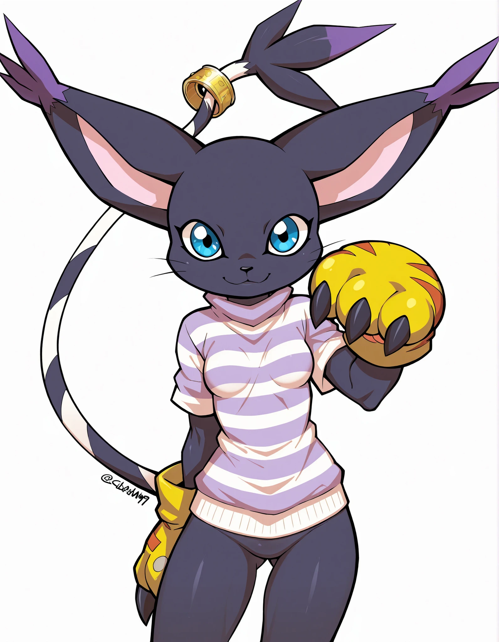 gatomon black, wild, (digimon), solo, alone, looking at viewer, blue eyes, black fur, striped tail, gloves, paw shaped gloves, paw pads,, digital_media_(artwork) hi_res, beautiful, anthropomorphic, furry, female, slim, slender, small breasts, cute, big sweater, blonde fur, beautiful blue eyes, smile, alone, nsfw, black Gatomon, Black Tailmon, no pants, white background, gatomon,, big yellow gloves, tail ring, paw gloves, claws