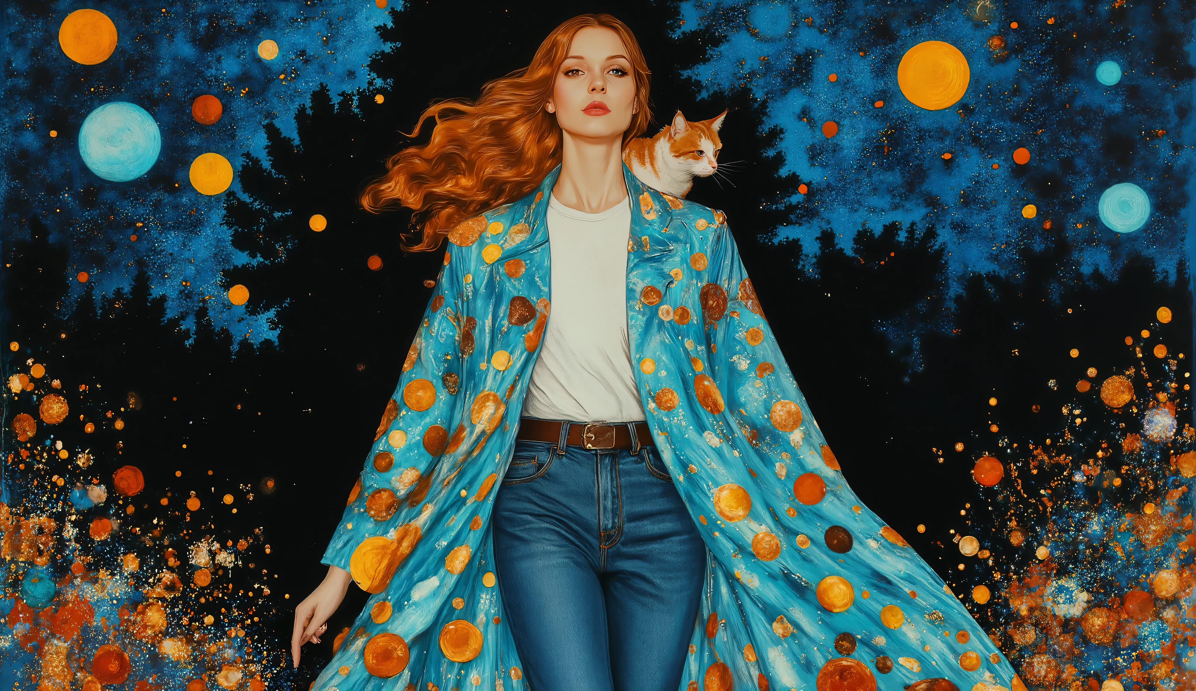 surreal fantasy, acrylic, Linda garota com cabelo longo e ondulado, jeans, t-shirt and a lightjacket, street wear cloths, walking in the park with a cat on lap, palette of color Lapis Lazuli, Oxford Blue, Turquoise, Raw Sienna, Brown (Crayola), ethereal mood, night, starry night.. acrylic, fashion illustration.