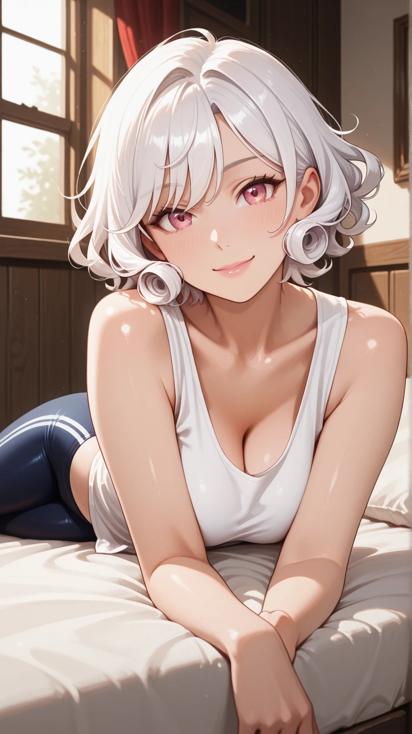 Cartoon photo of a man in a white swimsuit, Wet swimsuit, Man with short silver hair, wearing a swimming wear, garments:High-cut swimwear, Rogue Anime Boy, Boy with short hair, Cute boy in tank suit, Swimsuit,