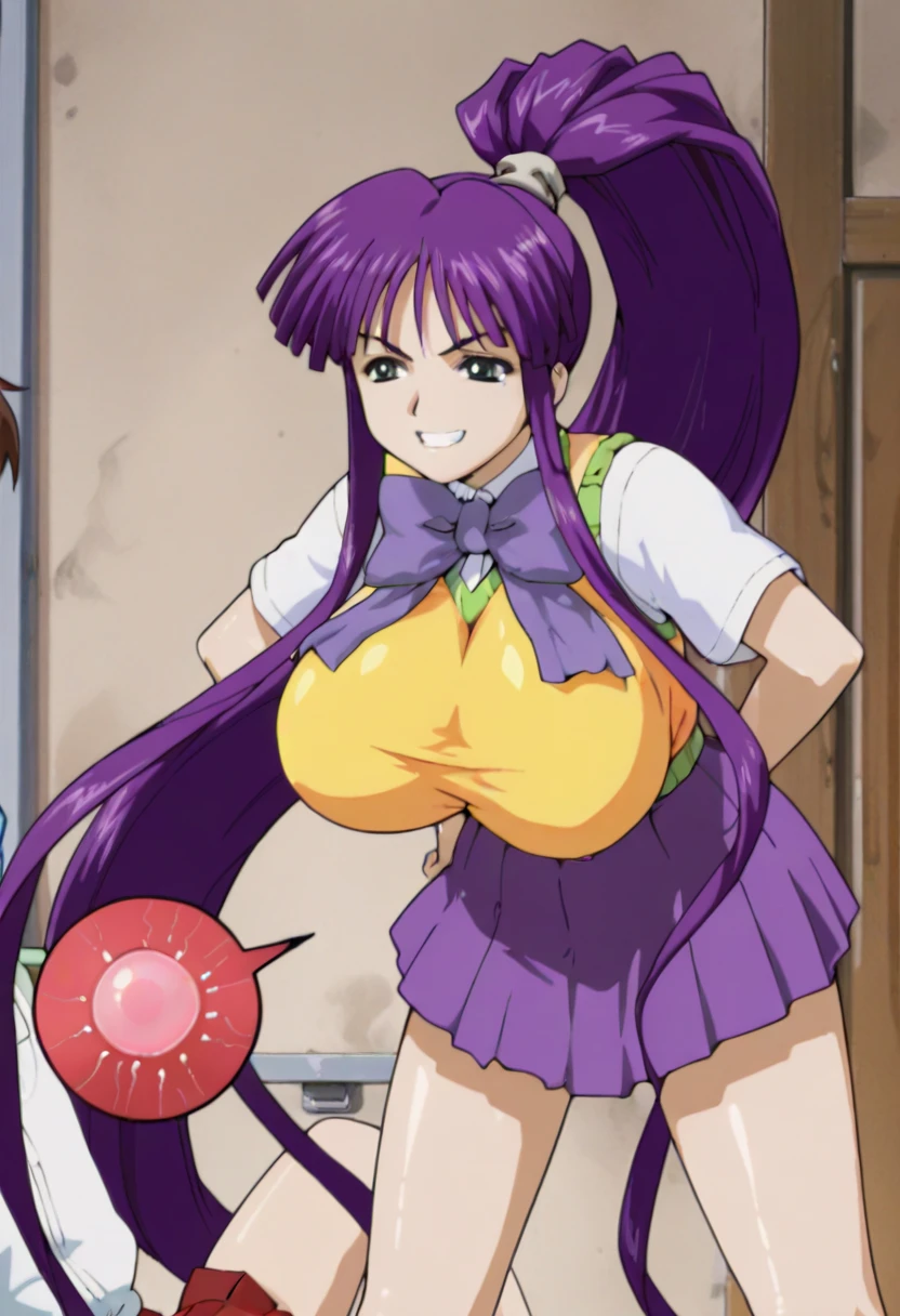 score_9, score_8_up, score_7_up, score_6_up, score_5_up, score_4_up, BREAK, source_anime, 1girl, sakura, long hair, purple hair, red eyes, topless, dirty dark large areola, looking at viewer, wearing a miniature_Cheerleader_uniforms, topless, (micro skirt), pompoms, pink Heart Nipple pasties, thong, groin, partially visible vulva, undersized clothes, under boob, very tight, skintight, looking at viewer, gigantic_sagging_breasts, Breasts Apart, tarechichi, erect nipples, Unshaven black Pubic Hair, hairy pussy, nsfw, dancing, idol pose, on the stage, Scolding toward the viewer, (negative_v2 Color_Balance_Calibration:0.8), (Bouncing Breasts), motion blur, motion lines, sweat