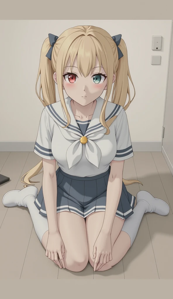 (masterpiece, Best Quality:1.2), absurdities, perfect anatomy, 1 girl, full body, looking at the viewer, blunt bangs, ( Denim shorts:1.1), Focus only, Soft lighting, (blue eyes), blonde hair, very long hair, twintails, Airi Akizuki, medium breast, striped tights, she is kneeling, 