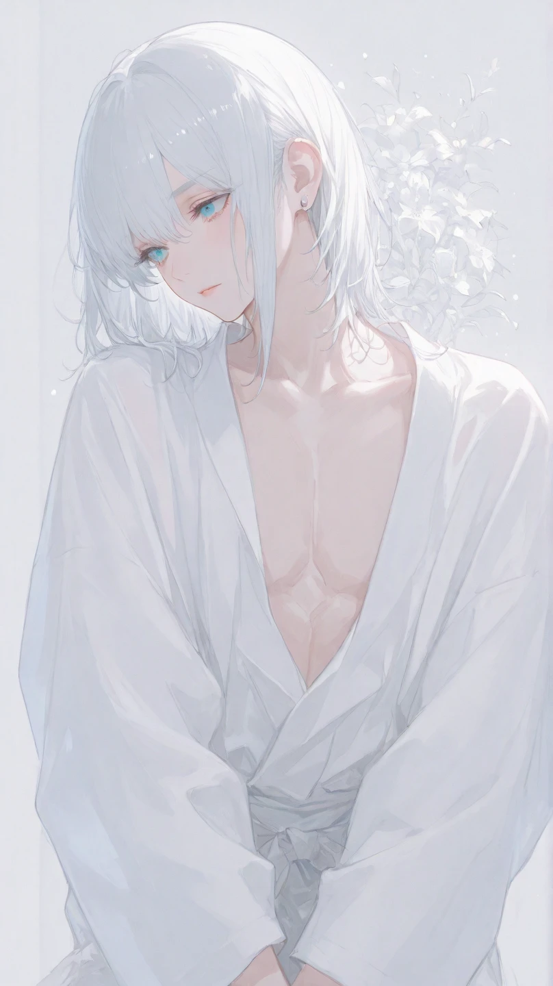 Beautiful young man, White hair, Long hair, Yellow eyes, Wet hair, Wipe your hair with a towel, Top Naked, pecs, Abs, White pants, After taking a bath, steam, Sink,High quality, amount of drawing, pixiv illustration