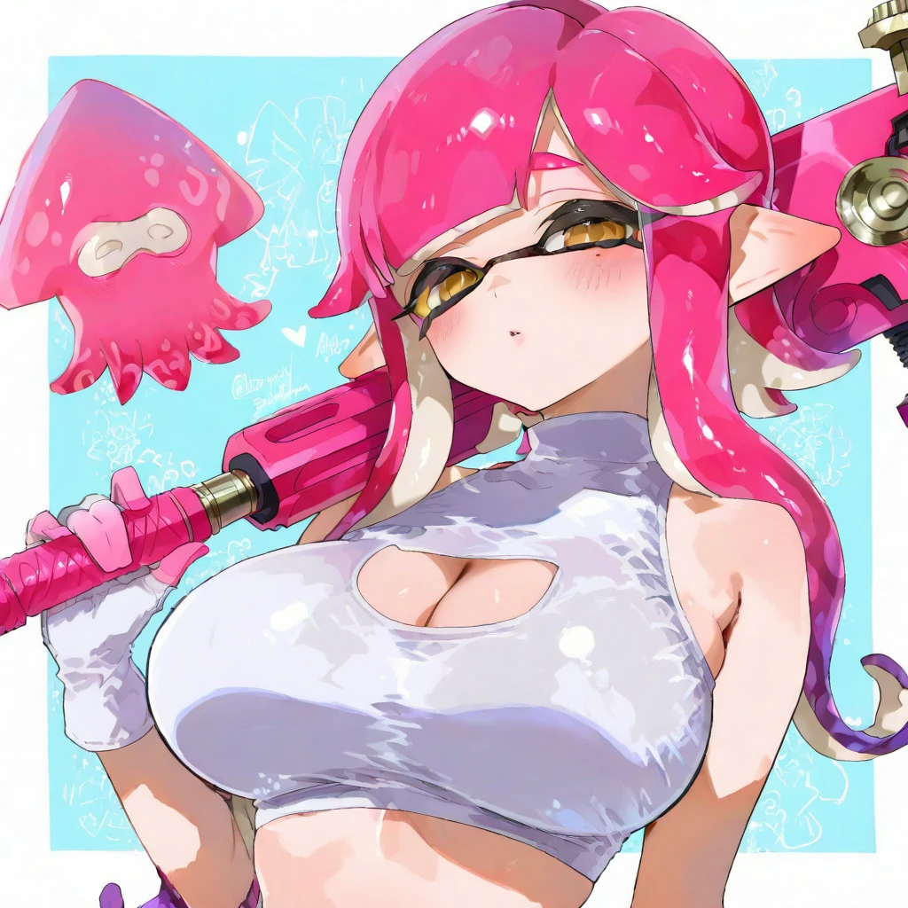 Splatoon Girl 、((super big breasts))、fua、pink tentacle hair、((cleavage、Pose that emphasizes the chest、Sexy dynamic pose))、wide open smile、big and cute eyes、beautiful eyes、bikini armor、cheek、Lipstick、